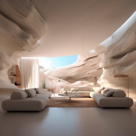 inside a modern white smooth stone cave, furniture, organic, smooth shading, desert, daylight, bright colors, hyper realistic, modern, surreal, lights,...