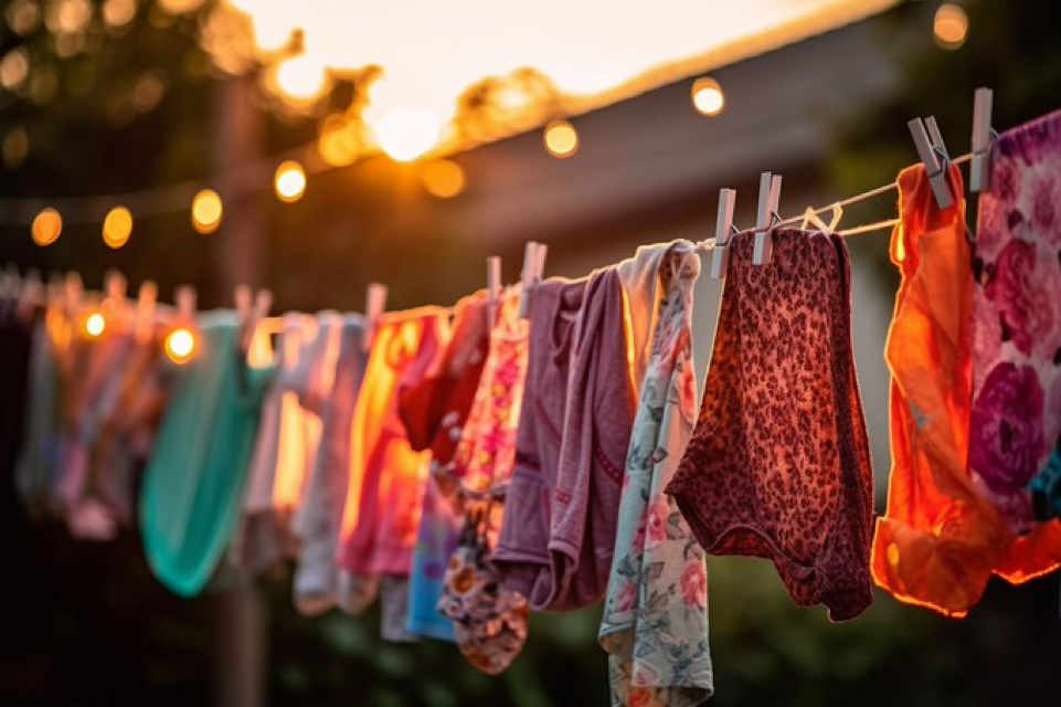 close-up editorial photo shot of laundry on a clothesline in the backyard on a sunset night. wildly different fabrics are...
