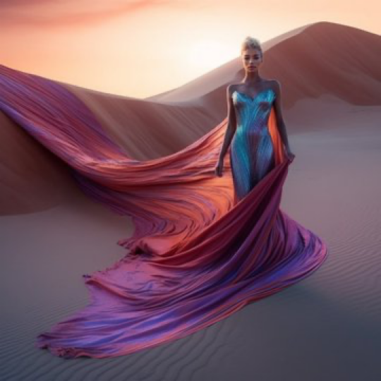 Midjourney: stunning woman draped in luxury fabric, psychedlic luxury fabric, wandering across colorful sand dunes on sparkling path, sand made...