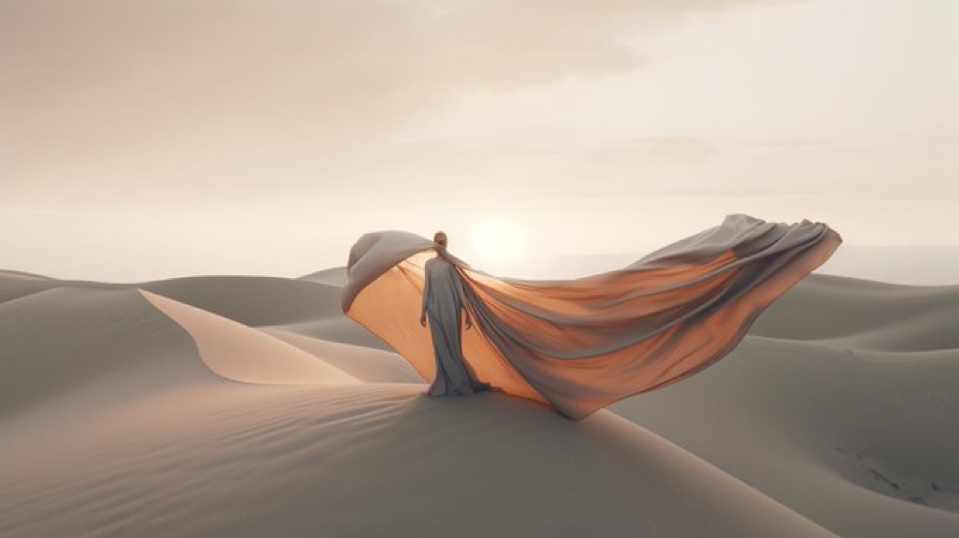Cinematic shot levitating fabric in the sky. Background: minimalistic dune landscape. GreyCore, Inspired by the style of Six N. Five...