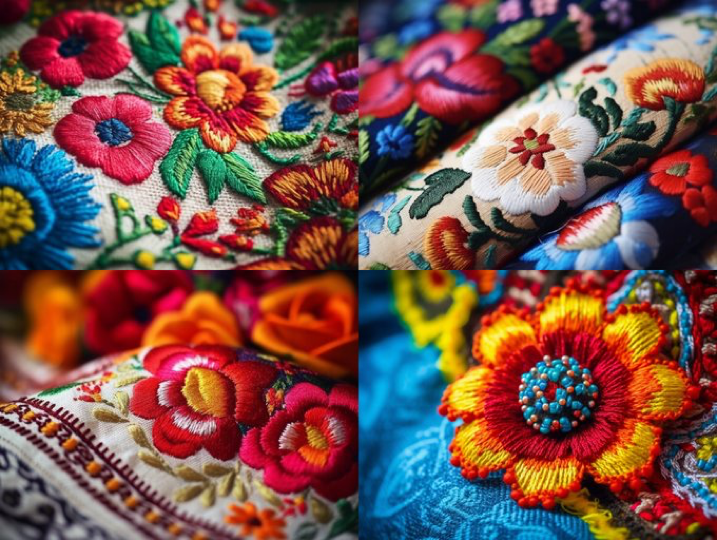 Close up for detail, Ukrainian embroidered national dress, texture of fabric, background flowers bokeh --ar 4:3