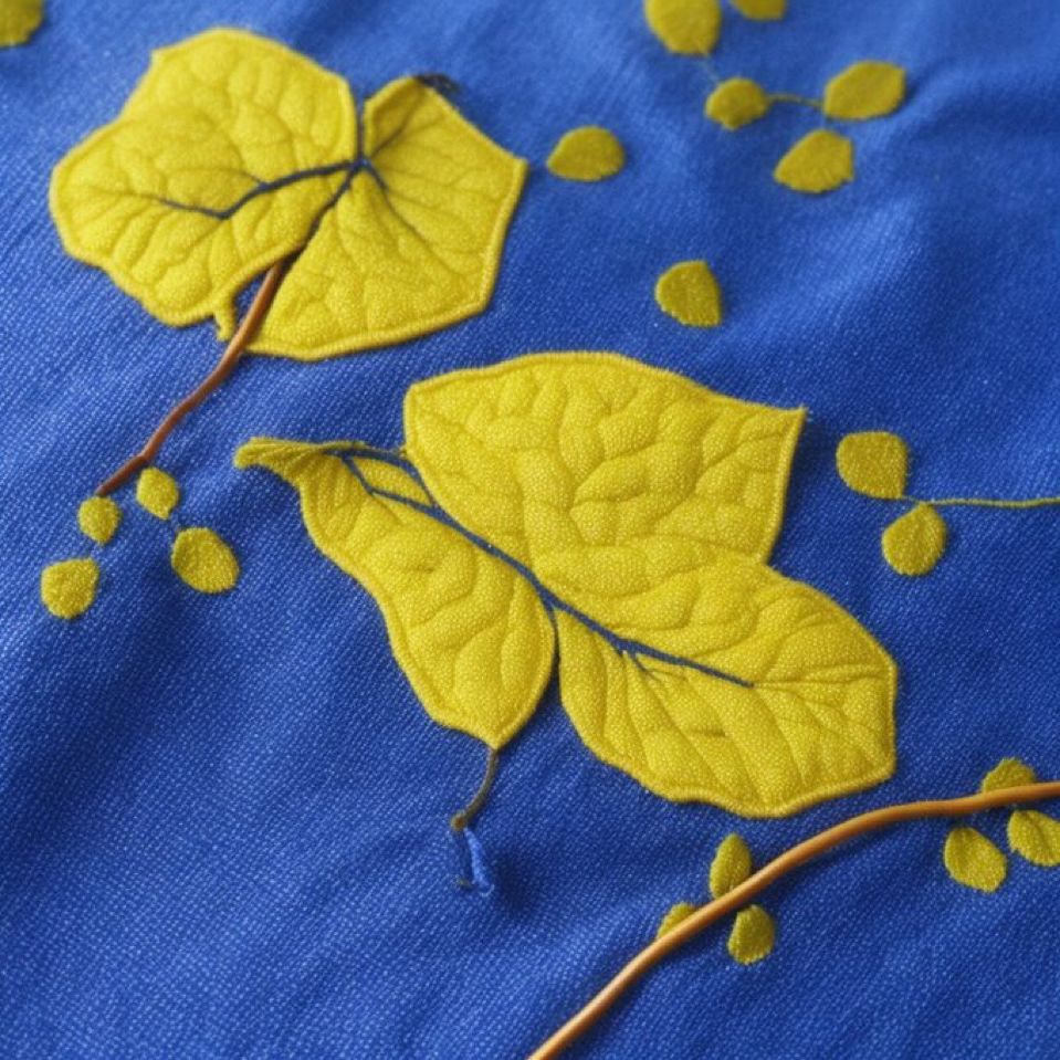 Blue leaf vine embroidery on yellow silk