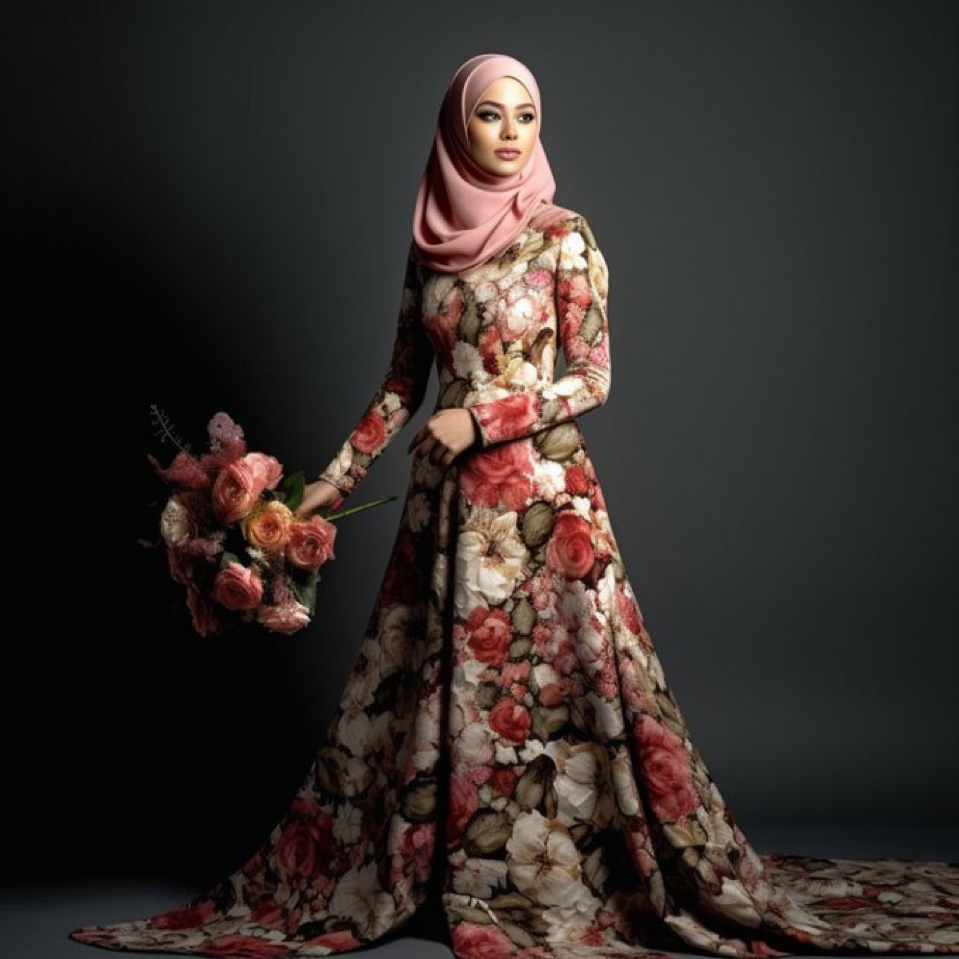 an amazing Malay model wearing hijab, 28 years old, wearing floral clothes, hyper realistic, full body format, full person, wearing...