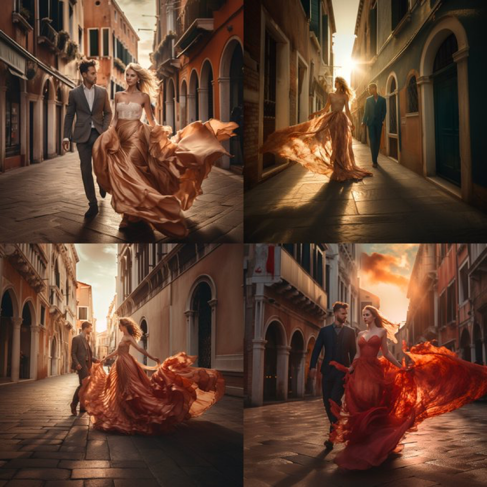 young couple, on the streets of venice, wind flowing dress, golden hour ::5 Artistic Photography::4 creative, expressive, unique, high-quality, Canon...