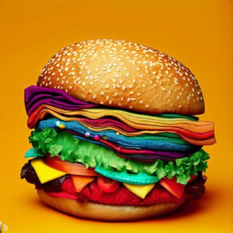 a burger made of beautiful colorful fabric , hyper realistic , award winning photography.