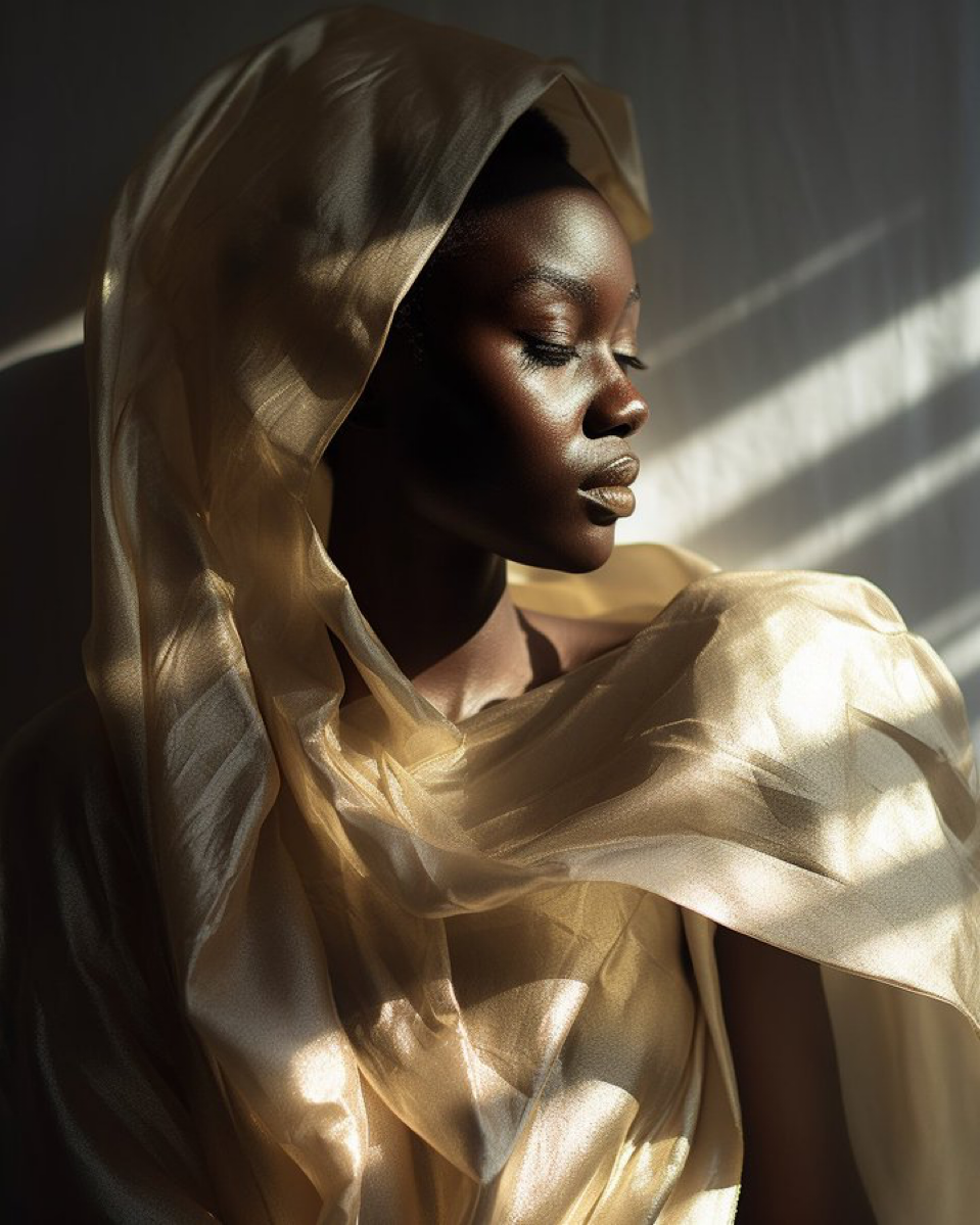 a model is dressed in ivory and gold fabric fluid form at fashion week, in the style of color photography,...