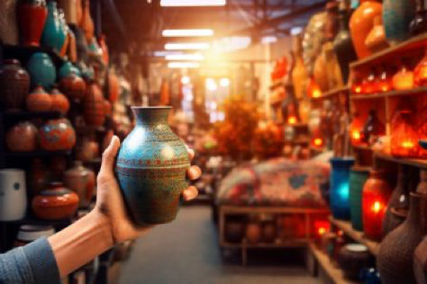 Create an inviting first-person selfie inside a bustling craft market. Hand reaching out towards the camera, holding a handcrafted ceramic...