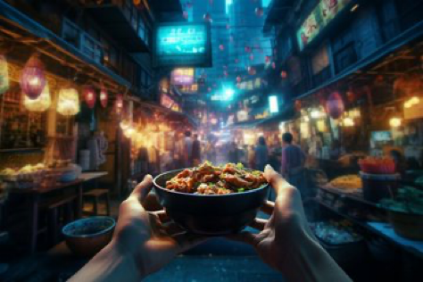 Create an inviting first-person selfie inside a bustling night market. Hand reaching out towards the camera, holding a steaming bowl...