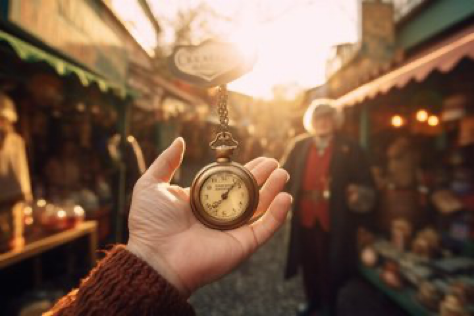 Create an inviting first-person selfie inside a bustling antique market. Hand reaching out towards the camera, holding a vintage pocket...