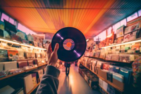 Create an inviting first-person selfie inside a bustling vintage market. Hand reaching out towards the camera, holding a retro vinyl...