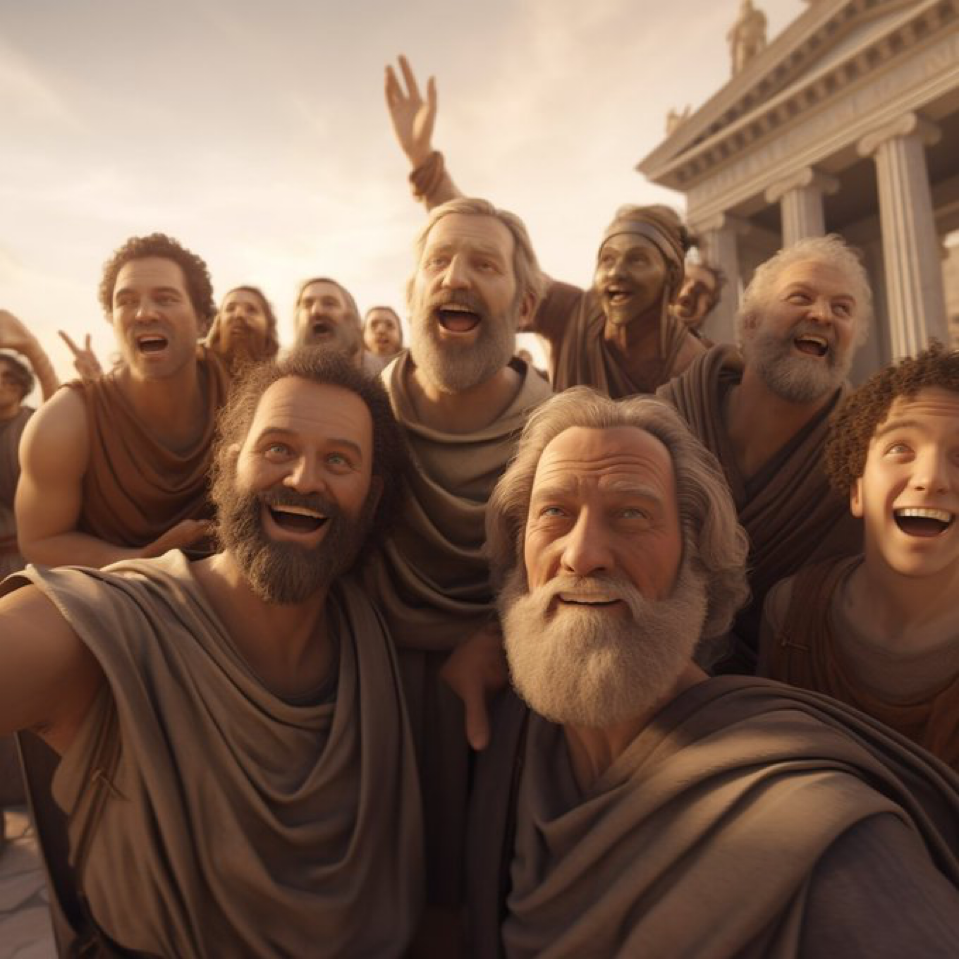 Ancient Athens. A group of Stoic philosophers taking a selfie while smiling and having fun, wide angle, directional light, soft...