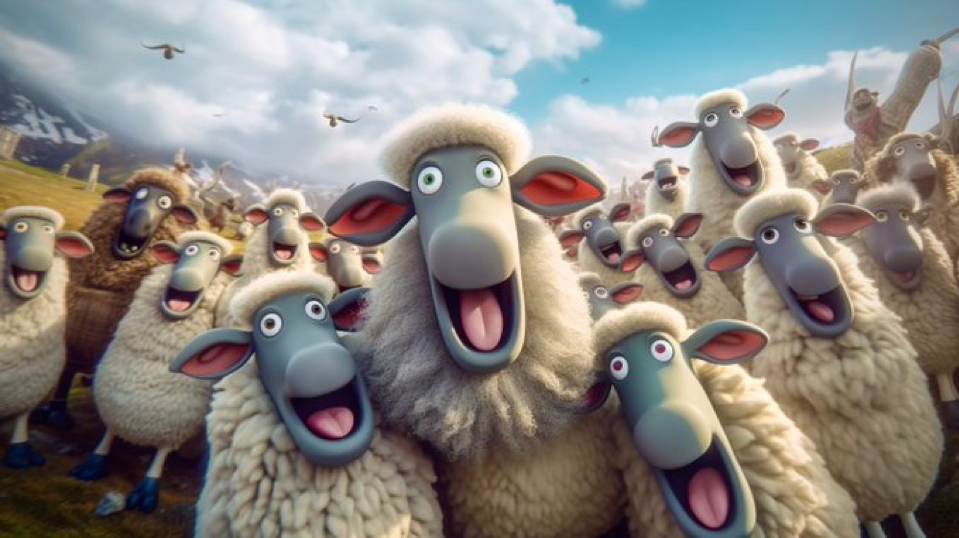 A group of 3D animated sheep taking a selfie in a pasture wide angle in the style of detailed character...