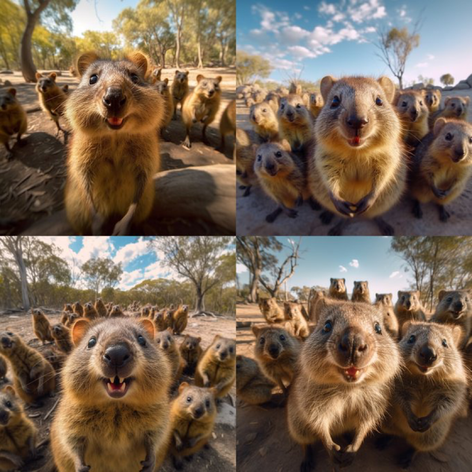 lots of quokkas taking a selfie while smiling and having fun, wide angle, directional light, soft lighting, cinematic hyperrealistic, 8k,...