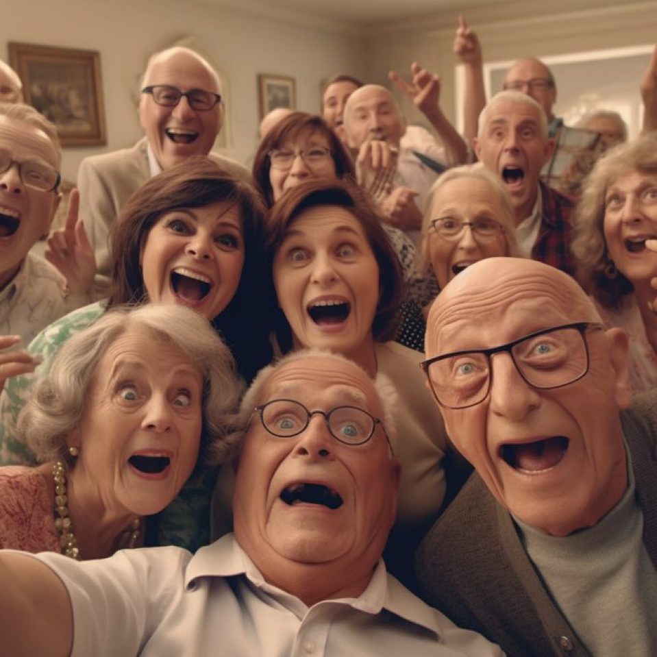 lots of old people at a nursing home taking a selfie while looking mischievous and shy and giddy, wide angle,...