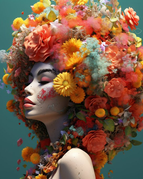 Woman&#039;s head is covered with flowers, in the style of vray tracing, colorful and playful, berrypunk, afro-colombian themes, delicate materials, ...
