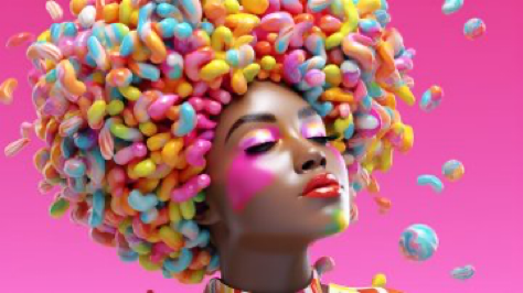 Woman&#039;s head is covered with candy, in the style of vray tracing, colorful and playful, berrypunk, afro-colombian themes, delicate materials, ...