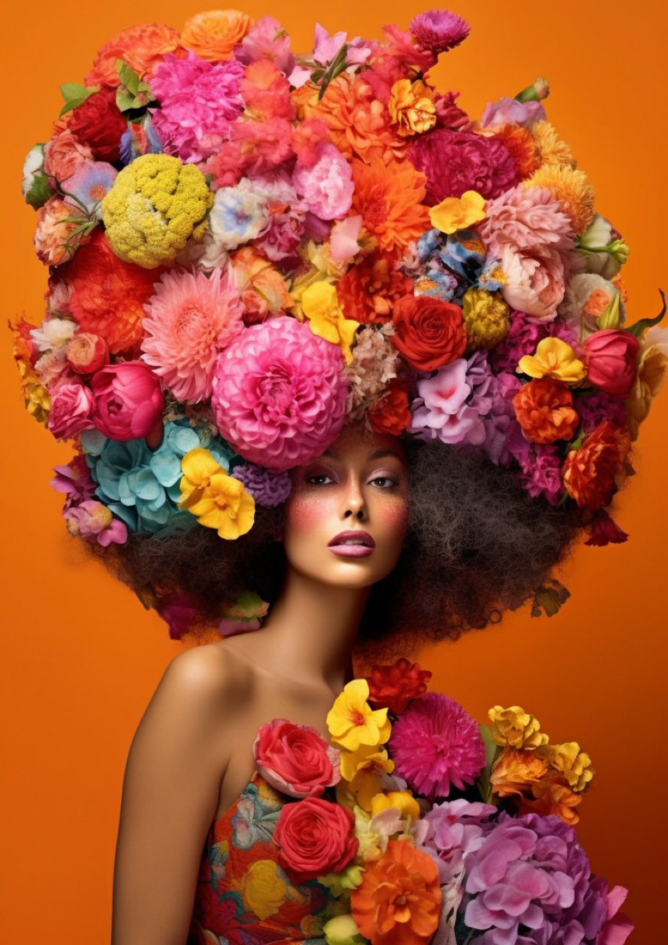 Uber model with hair full of blooming flowers in the style of Arcimbolo, bloomcore, flowercore