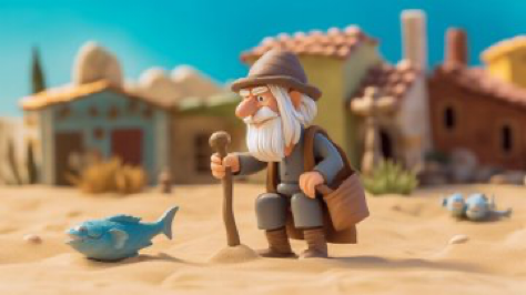 IMAGE: 3D Cartoon | STYLE: Surreal Humor | CHARACTER: Fish out of water scenario with a Gandalf in a desert...