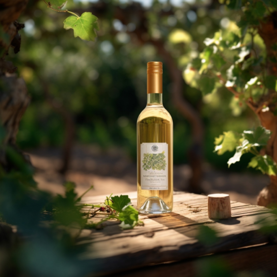 Eye-level Commercial film photography of a white wine bottle in the middle of vines from the south of France, sunny...