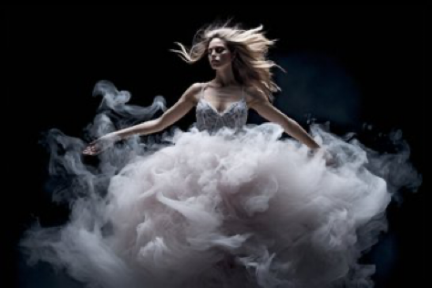 A supermodel wearing a dress made of nitrogen gas, by Dior, fluid motion, Canon EOS 5D, low angle shot, black...