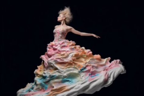 Prompt: &#039;&#039;A supermodel wearing a dress made of icecream, by Balenciaga, fluid motion, Canon EOS 5D, low angle shot, black...